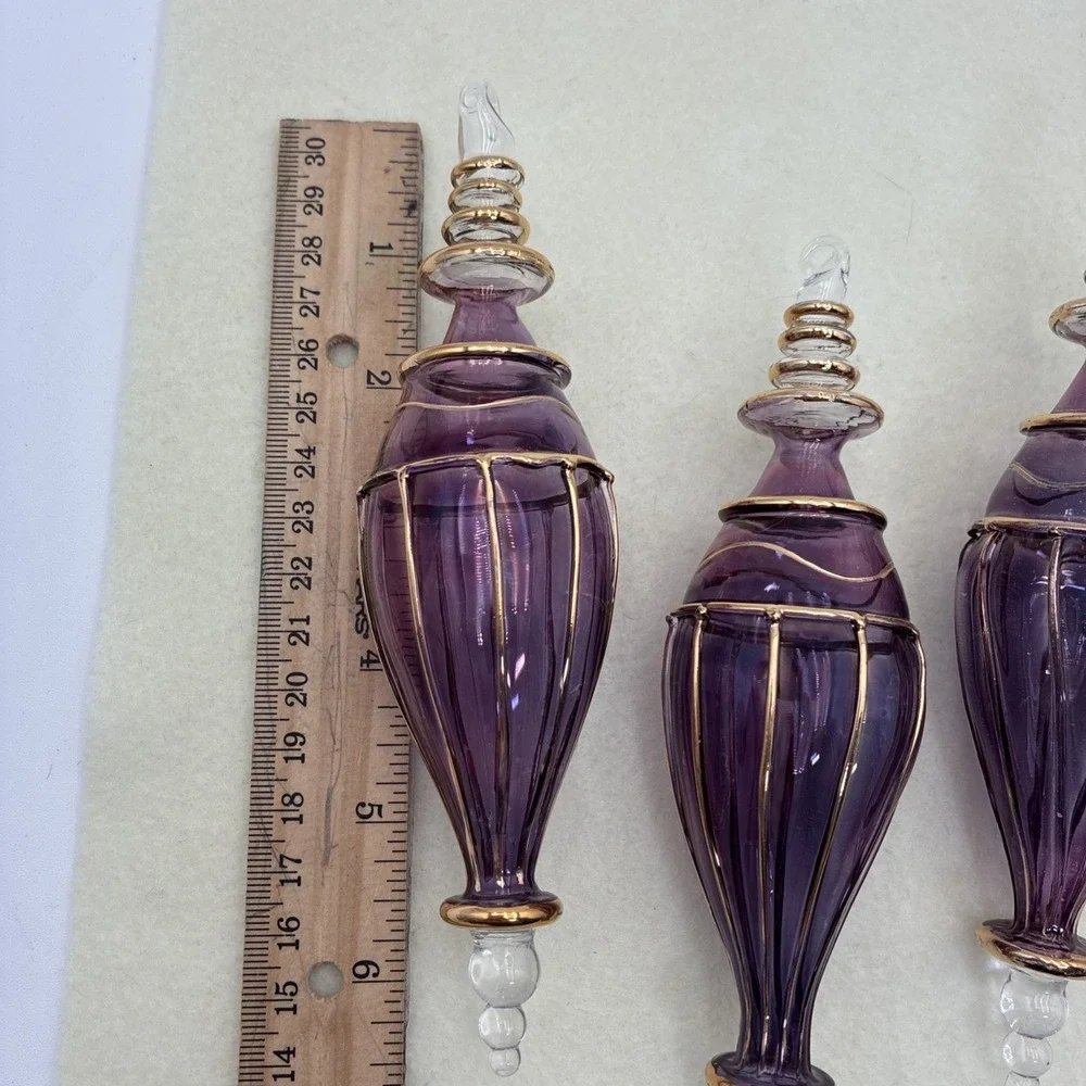Purple Hand Blown Glass Ornaments Gold Filigree Teardrop Finial Set of 3 6